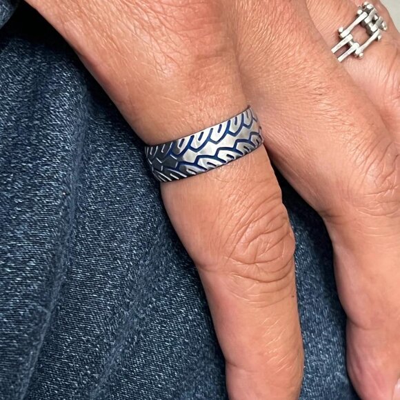 Blue Tire Ring, Stainless Steel Men's Band Solid Light Weight Feel - Picture 4 of 8